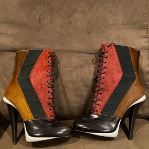 Fendi Calf Hair Lace-Up Colorblock High-Heel Ankle Boots